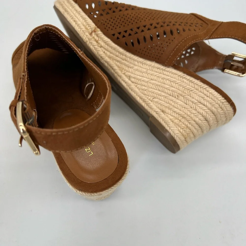 Liz Claiborne Tan Suede Perforated Espadrille Wedge Sandals